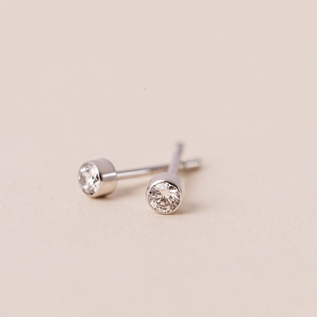 Leola Bezel Round Diamond Stud Earrings - 18 White Gold