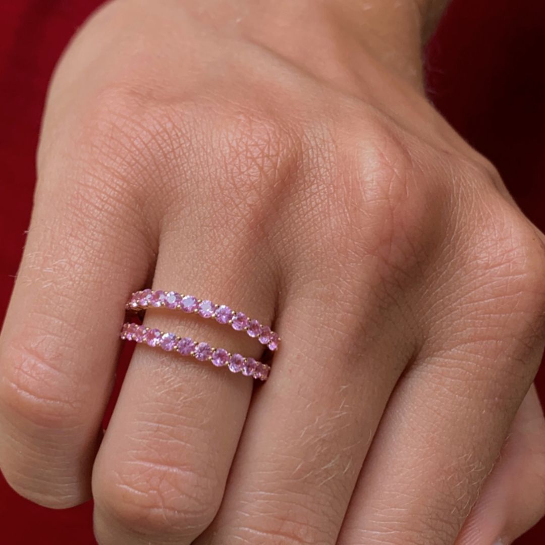Pink Sapphire Stone of Love Eternity Ring 18k Yellow Gold